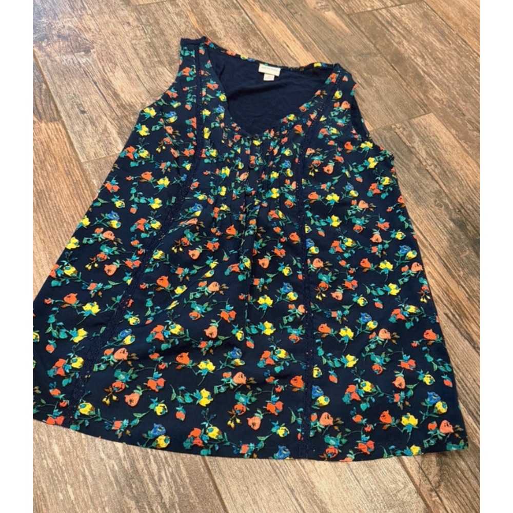 Merona Navy Blue Floral Sleeveless V-Neck Lace Trim Blouse Top Women XS